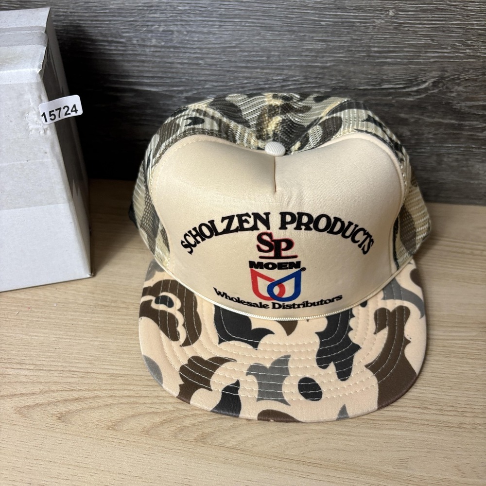 Vintage MOEN Scholzen Products Hat Cap Snap Back Tan Camo Trucker Mesh - Picture 9 of 9